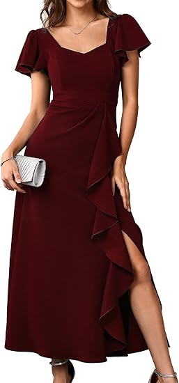 Womens Long Formal Cocktail Dresses Square Neck Split Elegant Evening Party
